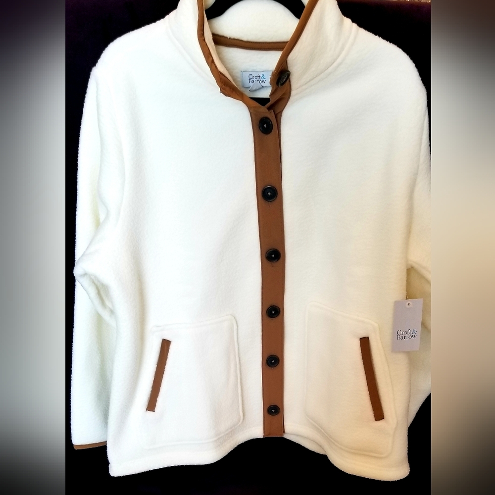 Croft & Barrow Cream Micro Fleece Jacket with Tan Trim And Button Closure